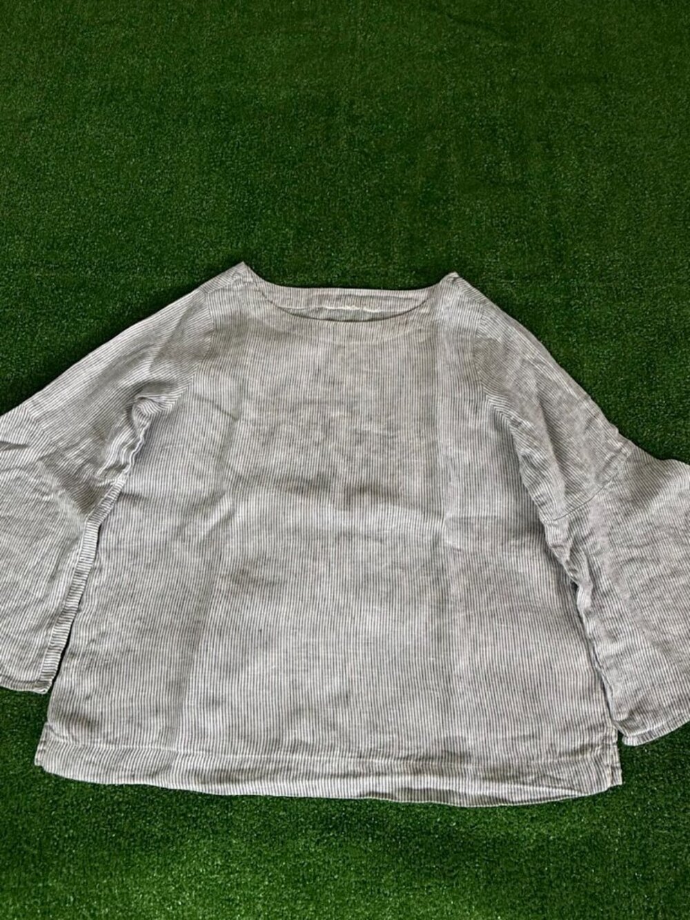 Cynthia Rowley 100% Linen Blue White Stripe Bell Sleeve Peasant Blouse Top Large